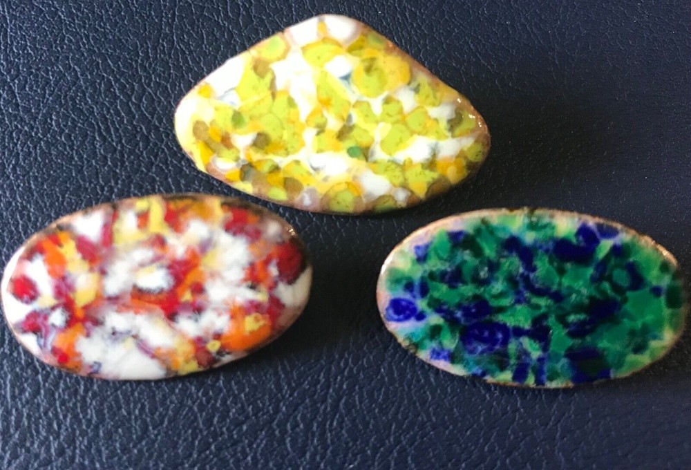 Vintage Set of 3 Boho Enamel Metal Multicolored Abstract Designs Pins